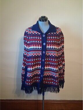 Vintage 1970s Knit Poncho, Size Medium Red White & Blue Knit Hippy  Helen Harper